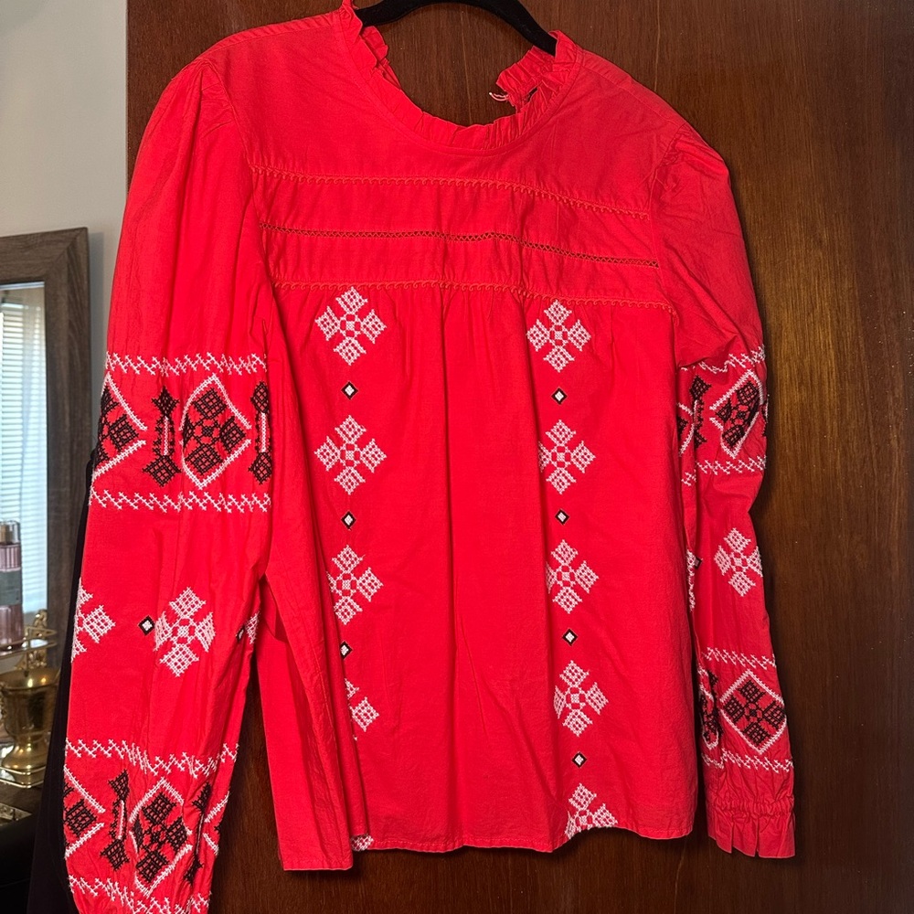 Zara Red Embroidered Long-Sleeve Women's Top